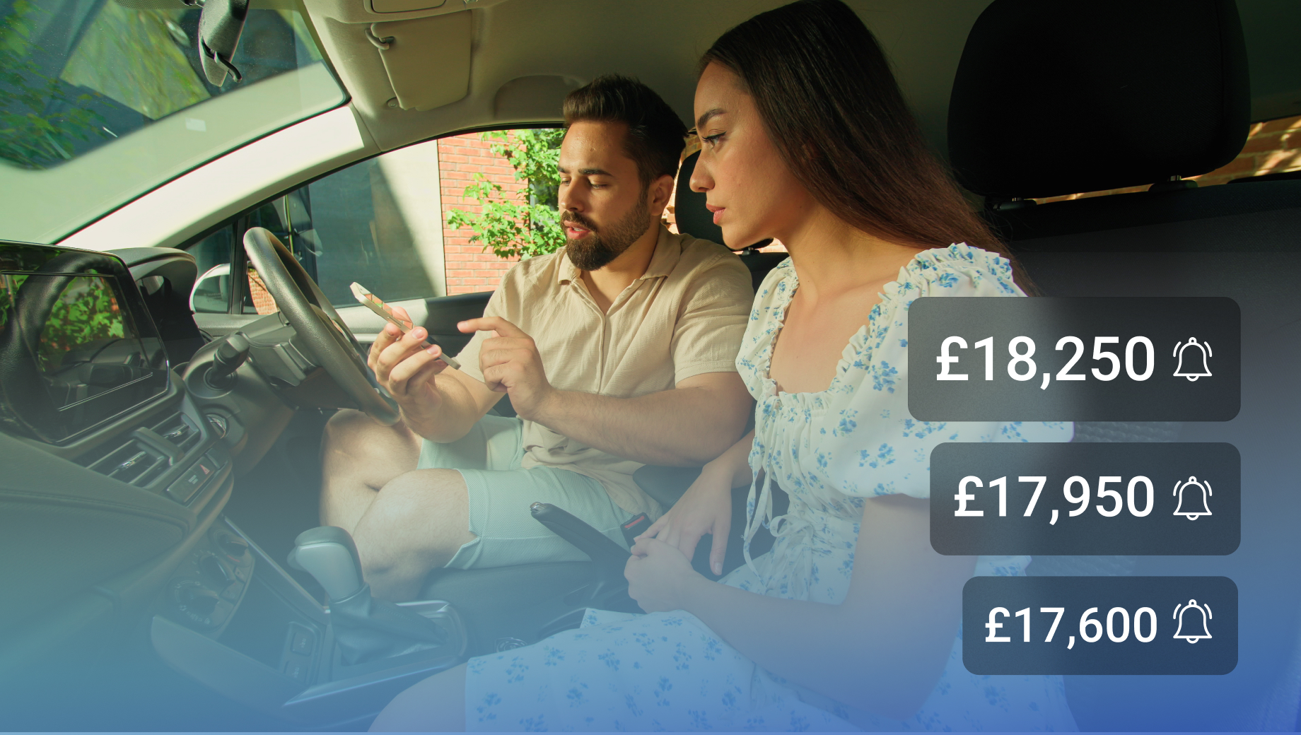 A couple sitting in car and getting car selling offers